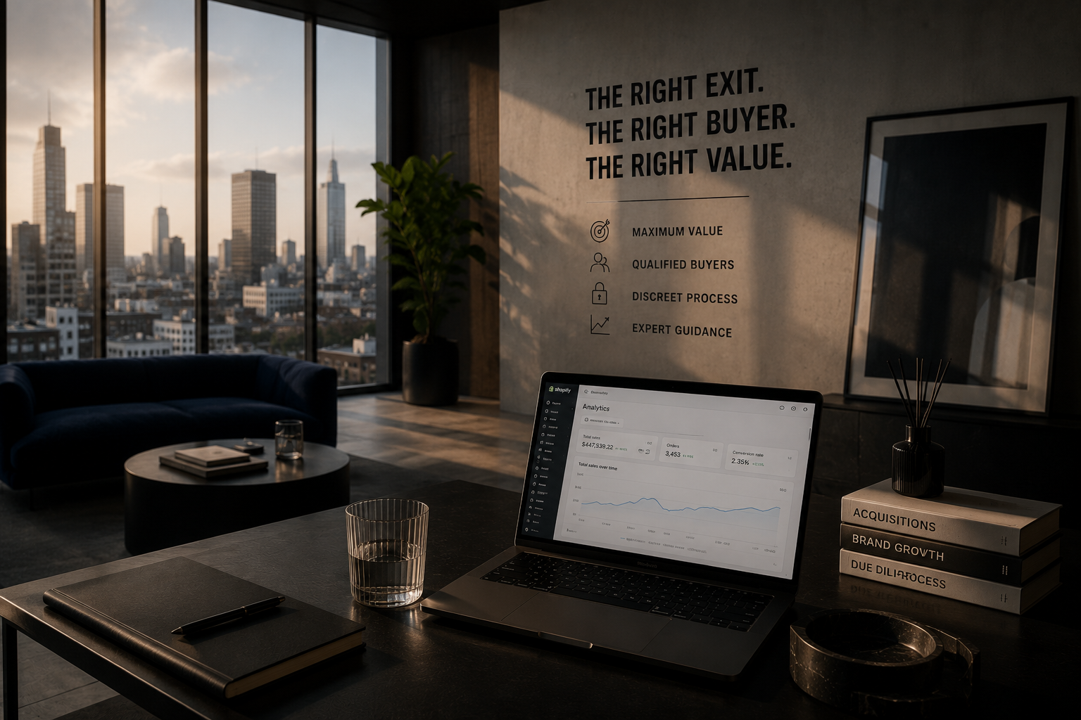 Kantoor met uitzicht op de stad en analytics dashboard op laptop